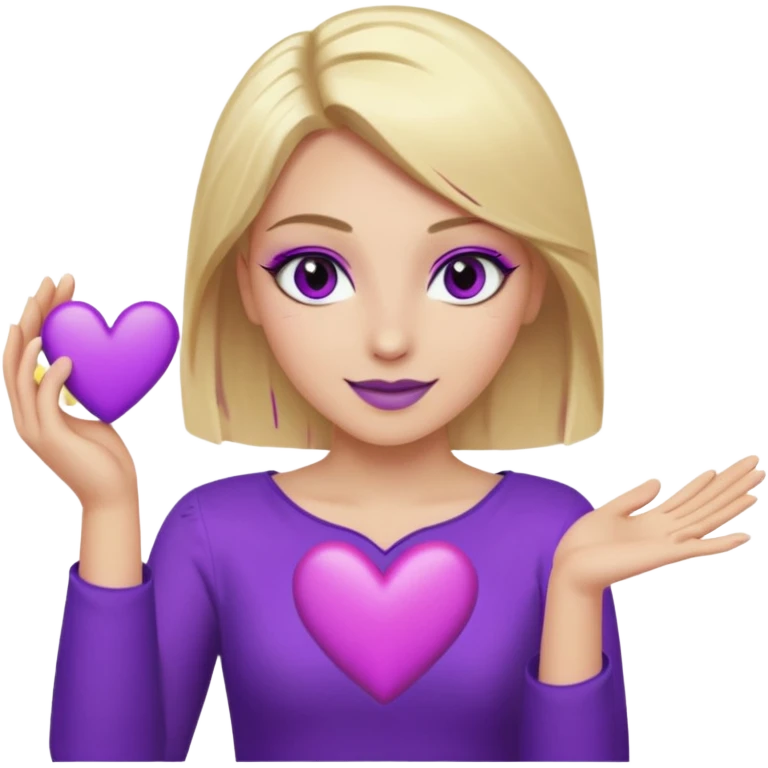 twitch emote, kinda chibi style. blonde hair: long, straight, no bangs. gray eyes. an eyebrow with a slit. purple eyeshadow/eyeliner with gold eyeshadow. only face and arms, hands visible. happy, holding a purple heart. white background. emoji