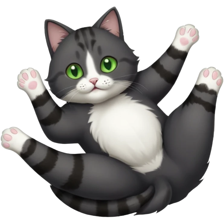 dark grey cat with green eyes, white toes/paws and white patch on her chest playfully rolling upside down emoji