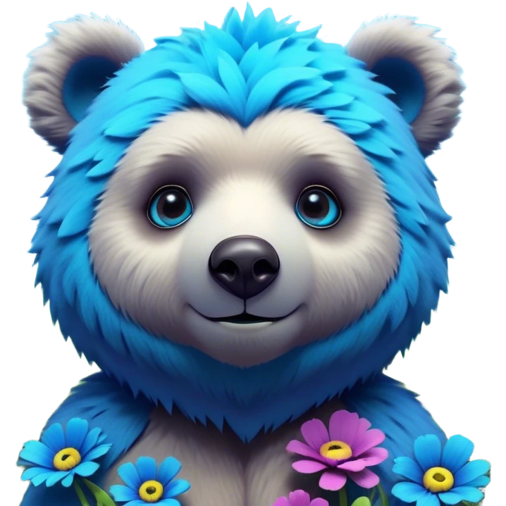 3D, adorable little Pixar style blue neon punk bear in a field of flowers, ultra detailed, each lash, eye, and strand of fur is shown in stunning detail as though captured in a timeless photograph, rich textures, visually rich, so lifelike it feels like it could leap off the page at any moment emoji
