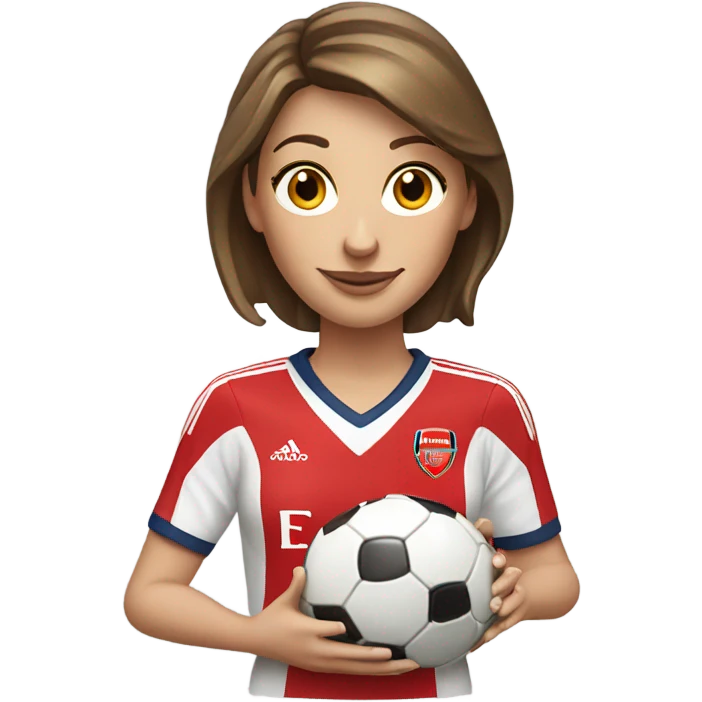 Pretty white woman with short brown hair holding a soccer ball and wearing an Arsenal jersey emoji