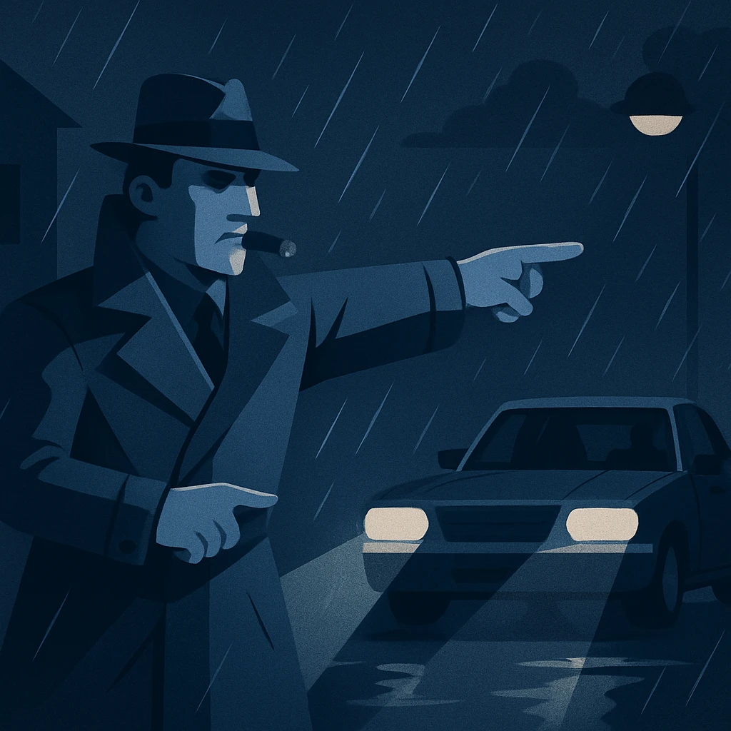 mafia man in trench coat directing car during rainy night emoji