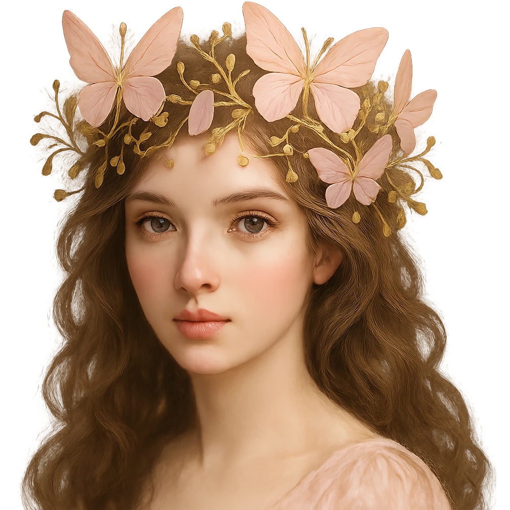 Change the butterfly crown to pastel pink with golden butterflies and vine motifs, lush and enchanting. Keep the background transparent. emoji