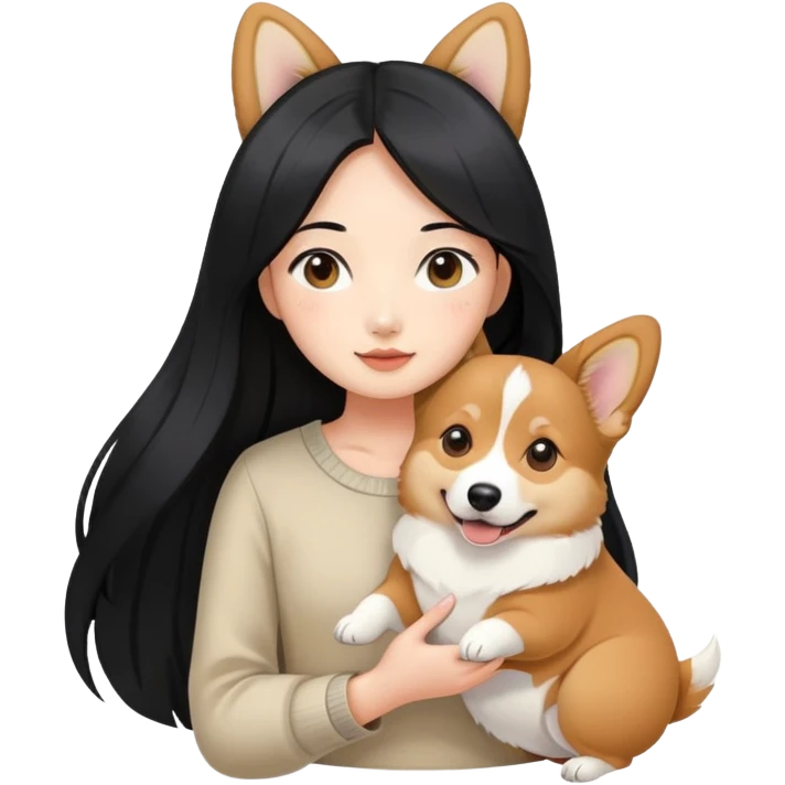 Asian girl with long black hair holding her corgi sable color emoji