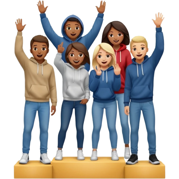 five multi-racial people in jeans and hoodies on a winners’ podium, no numbers, excited, fun, expressive emoji style emoji