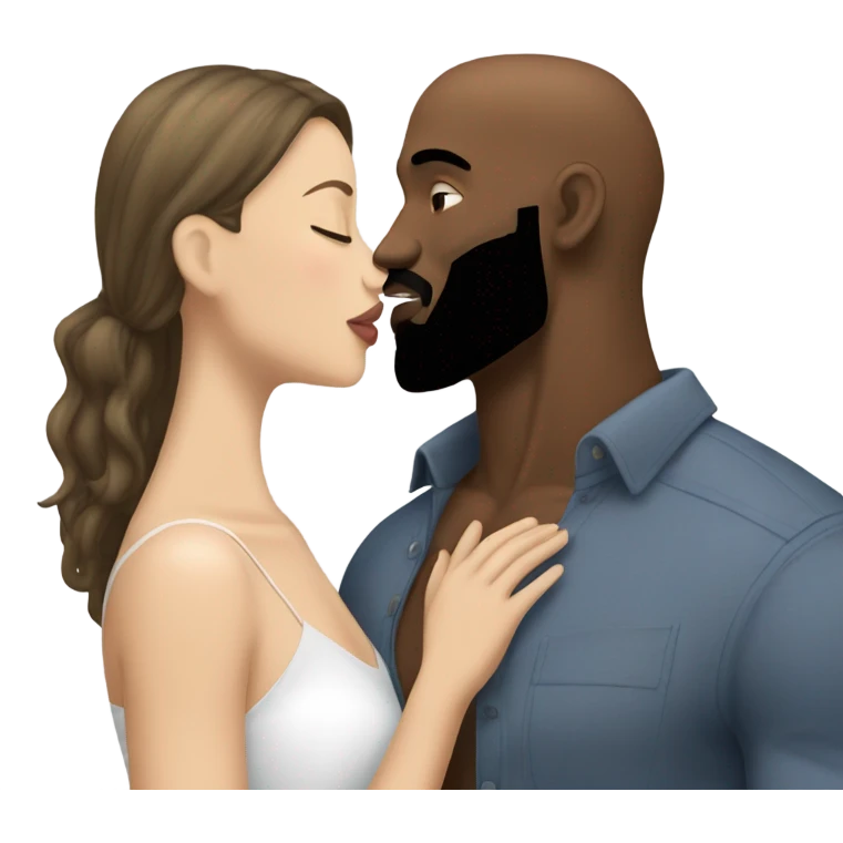 White brunette kissing muscular black bald man with beard emoji