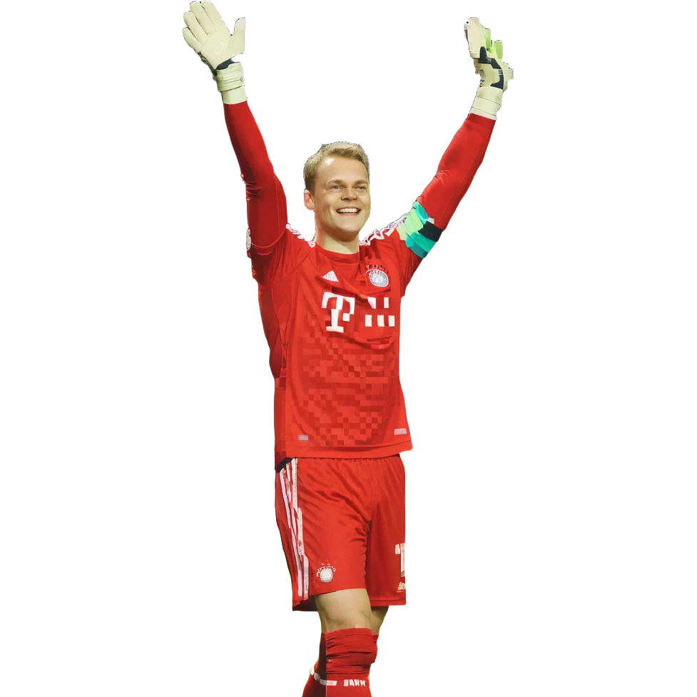 Manuel Neuer, celebrating, red kit, arms raised, smiling emoji