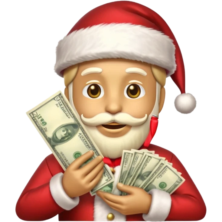 A confident rich emoji face wearing a Santa hat, money stacks, casino vibe, New Year theme, premium 3D emoji style, sharp details, no text, isolated on transparent background emoji