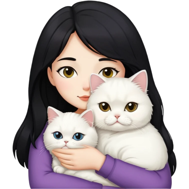Black layered hair girl snuggling white Persian cat emoji