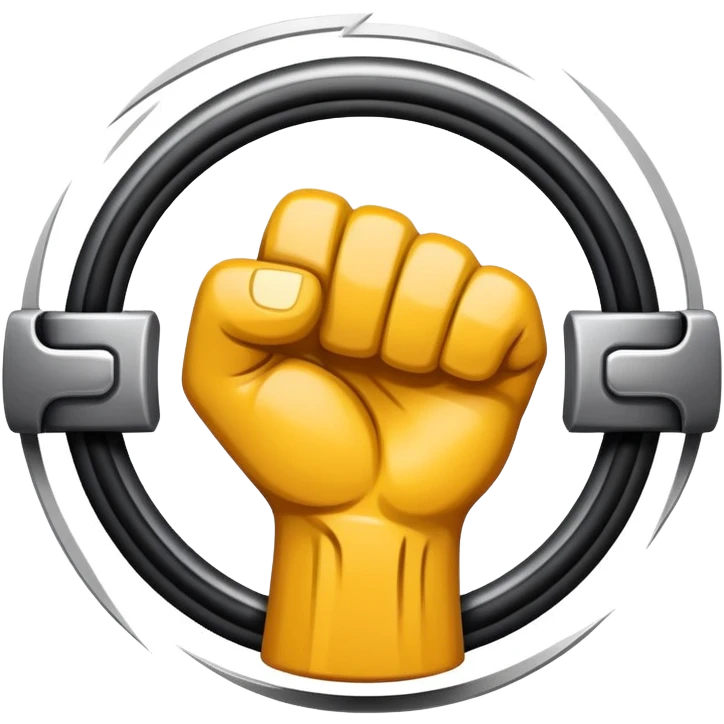An emblem-style emoji symbolizing striking martial arts. A bold, stylized fist in the center, surrounded by dynamic motion lines representing speed and impact. The background includes a minimalistic combat ring or arena silhouette. Transparent background. emoji