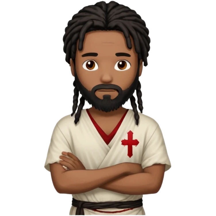 African American man with shoulder length black dreadlocks with black beard wearing a white blood stained white tunic with arms folded together across chesttunic emoji