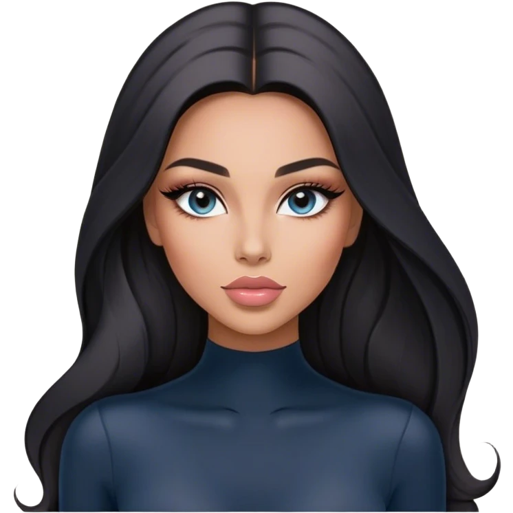 Glamours, tanned, very beautiful girl, with big pump peach-beige-rose lips, long long lashes, black straight smooth silky long hair, straight parting hair, blue-grey eyes in black long-sleeves bodysuit emoji