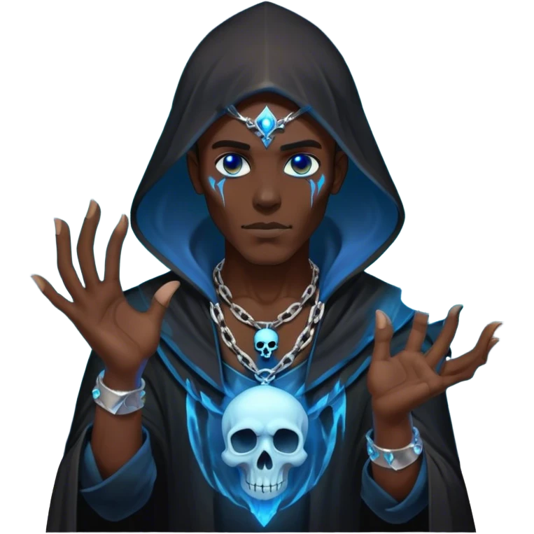 Necromancer man, black necromancer outfit with a skull necklace, with a blue glowing aura floating in his hands emoji