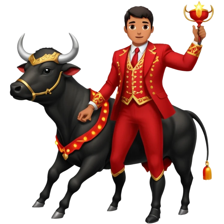 Create a realistic image of a traditional bullfighting scene in a Spanish arena.
Show a bullfighter (matador) HOLDING a red cape (muleta) not wearing one. as a powerful black bull charges toward it. emoji
