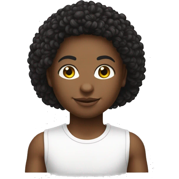 Avatar pele branca, cabelos cacheados de cor preto com franja lisa, olhos um pouco apertados se cor castanhos claros, com a roupa calça larga e babylook emoji