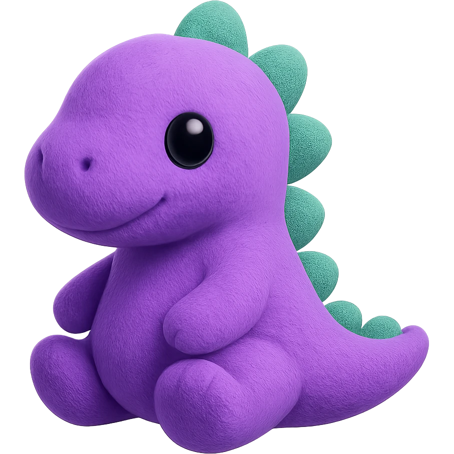 A plush dinosaur with friendly features, round eyes, and soft spikes along its back. The dinosaur has a chubby body and tiny arms. emoji