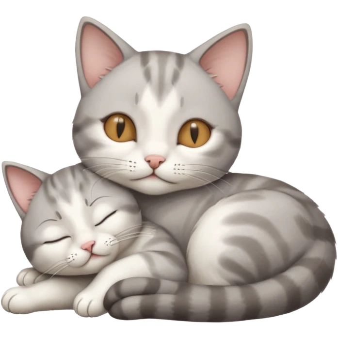 grey and white small cat with its eyes closed lying down leaning on his elbow with his paw curled under his head holding it up emoji