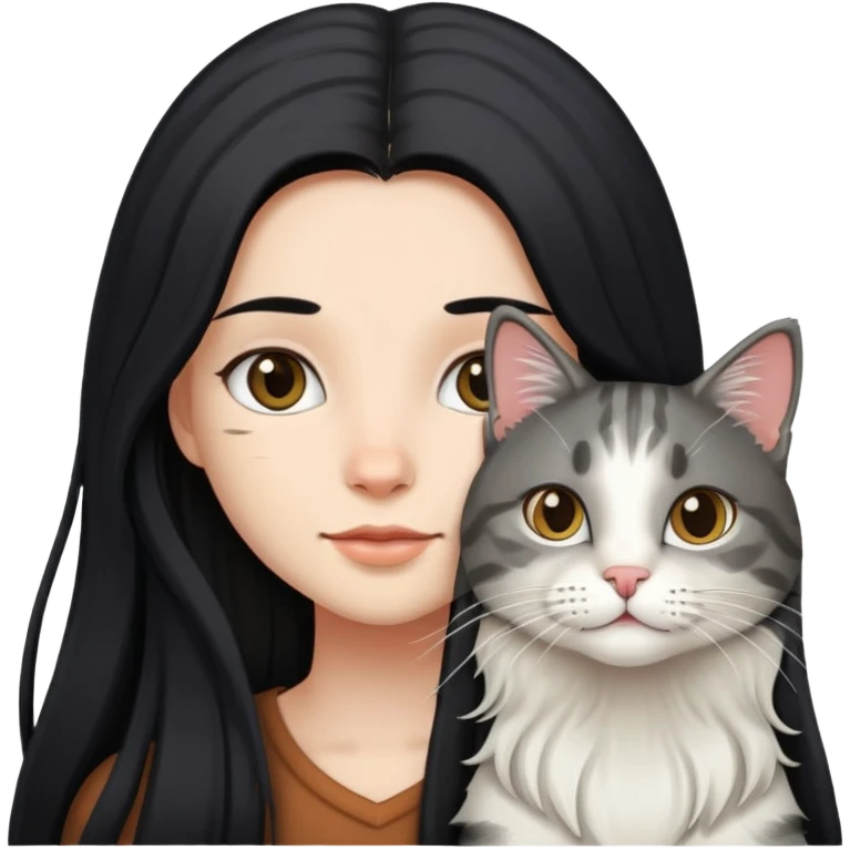 A girl with long black hair and  a long haired tabby emoji