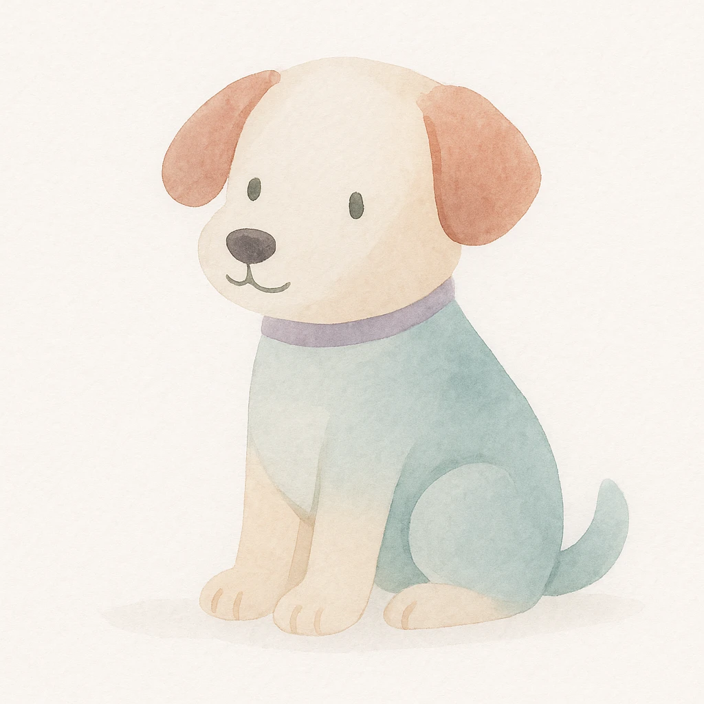 A cute cartoon dog, soft pastel colors, gentle expression, sitting. emoji