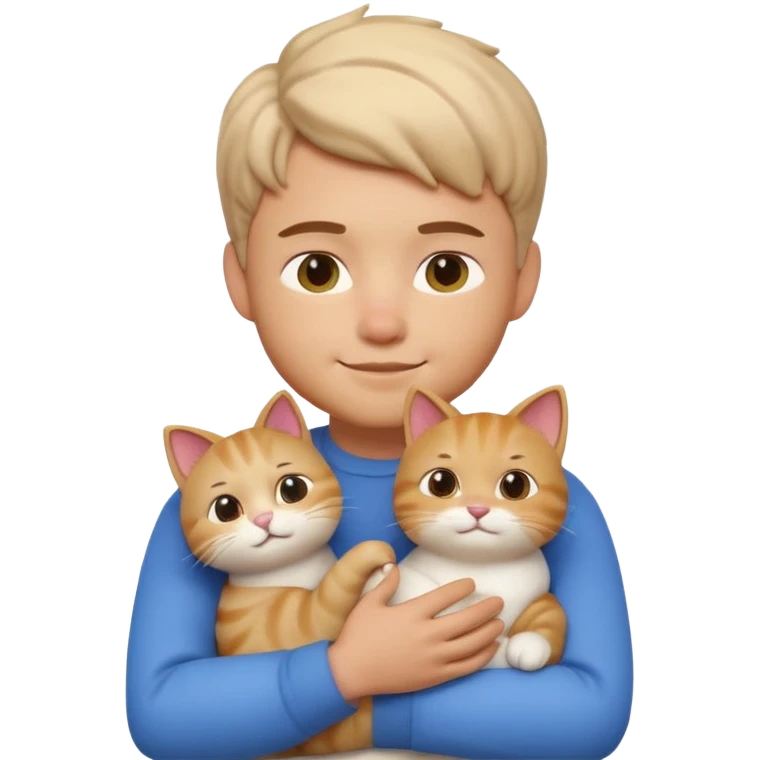 "Apple Memoji style 3D character, a young man person gently petting and hugging a cute fluffy cat, peaceful and happy facial expressions, soft studio lighting, clean 3D clay render, vibrant colors, minimalist aesthetic, high detail, high resolution, isolated on a plain white background." emoji