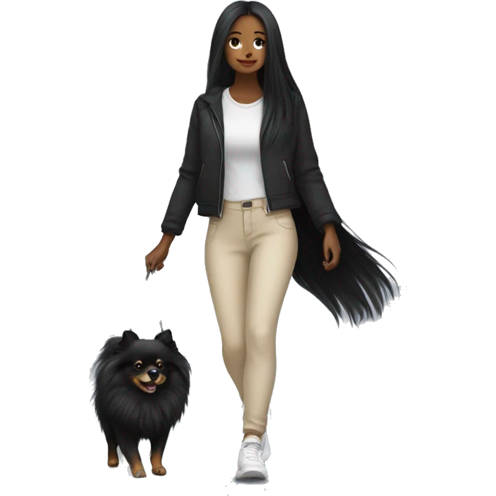 pale girl with long black hair wearing black pants walking with pomeranian emoji