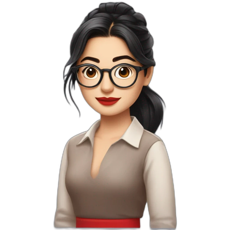Rashmika mandanna wearing glasses and a small folded skirt with red heels emoji