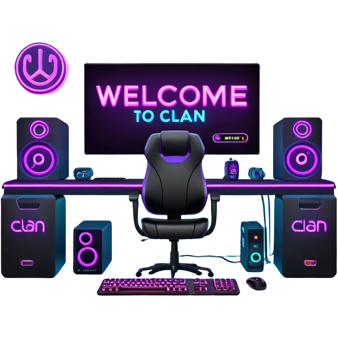 Computer gaming setup with welcome to the clan banner emoji