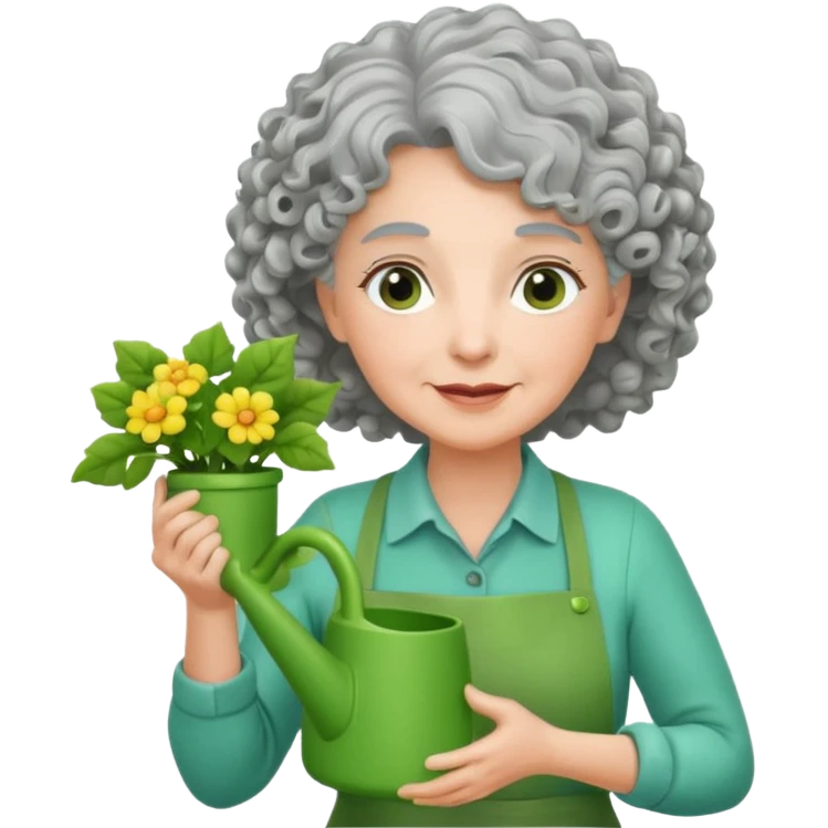 Older female florist – curly hair, hold garden watering pot emoji