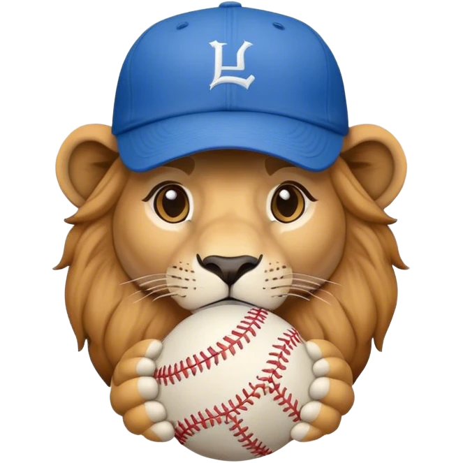 Lion, blue baseball cap, baseball emoji