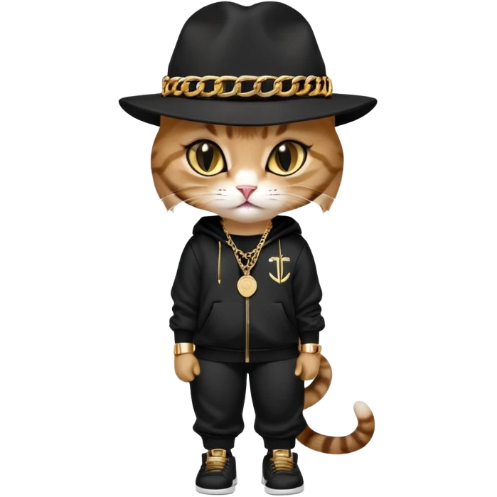 female cat dressed like Run DMC with tracksuit, fedora, Adidas shoes, lots of gold chains, rings, bracelets, earrings, eyes averted, talking to a friend, no sunglasses emoji