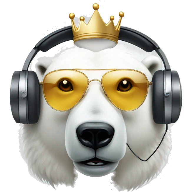 polar bear, cute emoji face, looking forward, remix dj, wearing cool sunglasses and over ear headphones and a fun crown emoji