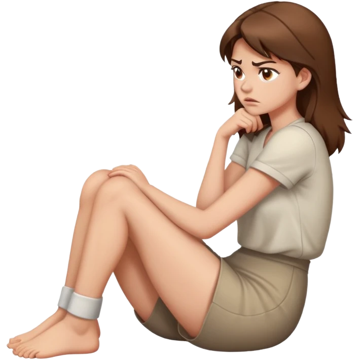 angry woman with brown hair sitting in profile on a floor hugging her knees avoiding conversation  emoji