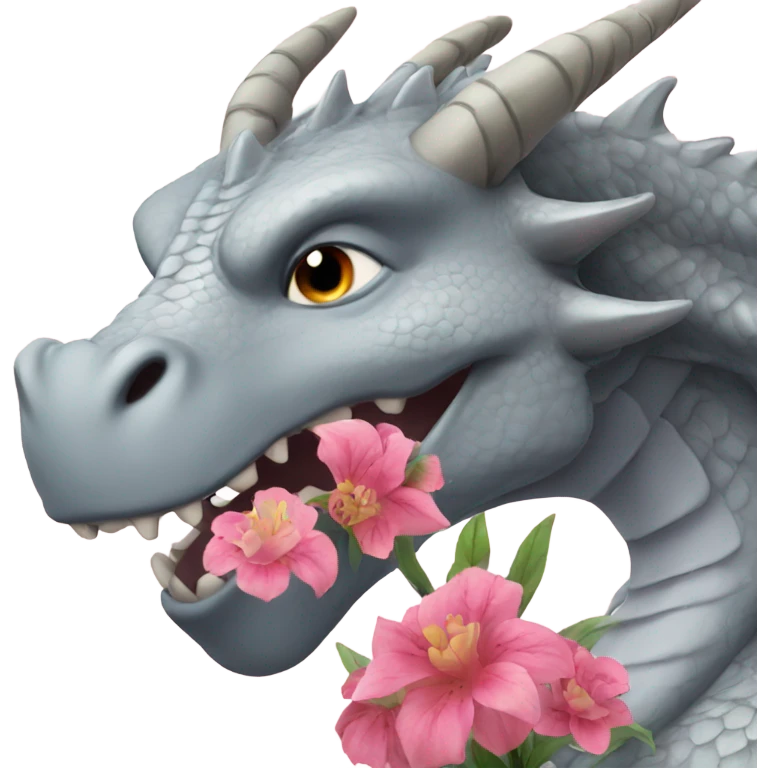 A gray dragon smelling flowers emoji