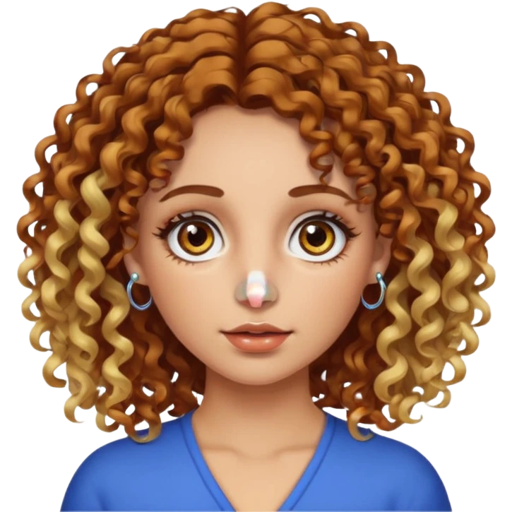 A woman with brown curly hair and blonde highlights side parted with hazel eyes with central heterochromia and a multicoloured nose ring emoji