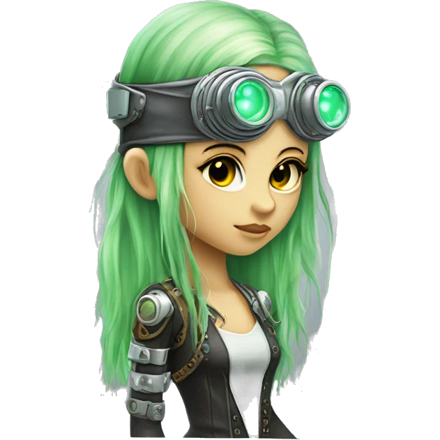 Light green long hair female cyborg head with silver steampunk goggles as a headband, circuits emoji