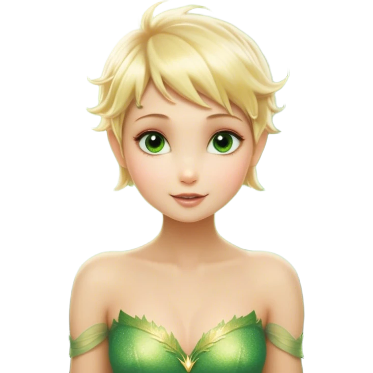 Cinematic Realistic Blonde Tinker Bell Fairy Portrait, depicted with lifelike, delicate skin glowing with a subtle radiant aura, soft natural lighting accentuating her gentle features, and intricately detailed golden blonde hair styled in a whimsical pixie cut. Her iridescent, translucent wings shimmer with delicate fairy dust, and her expressive, sparkling eyes reflect a world of magic. Adorned in a subtle blend of woodland greens and soft pastel accents, the portrait exudes an enchanting glow that seamlessly merges realism with fairy charm. emoji