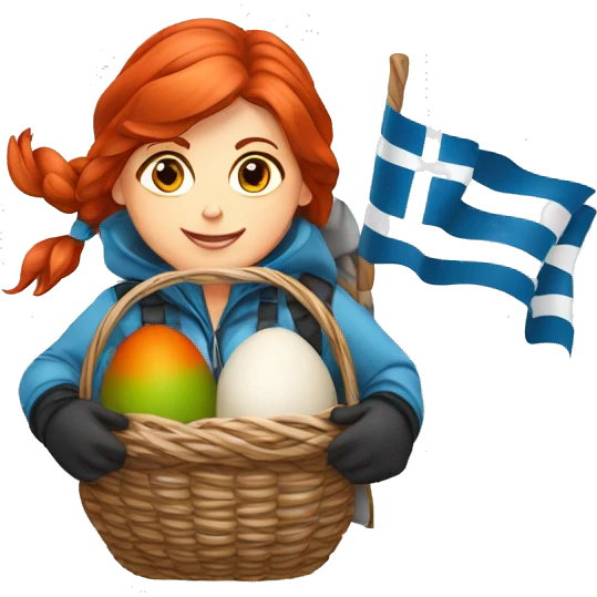 red hair female winter mountaineer climbing with Easter eggsbasket and Greek flag emoji