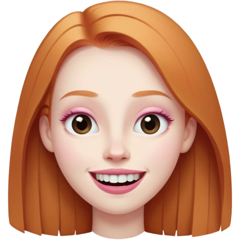 traditional emoji of young girl with very pale skin, long straight muted ginger hair, elongated oval face, bigger human-like eyes positioned close together, fuller thick eyebrows, wide nose, very large full pink lips with a big smile showing extremely large and prominent teeth, less intense expression emoji