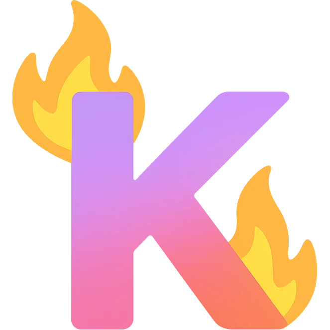 colorful letter 'K' with cartoon-style flames licking the edges emoji