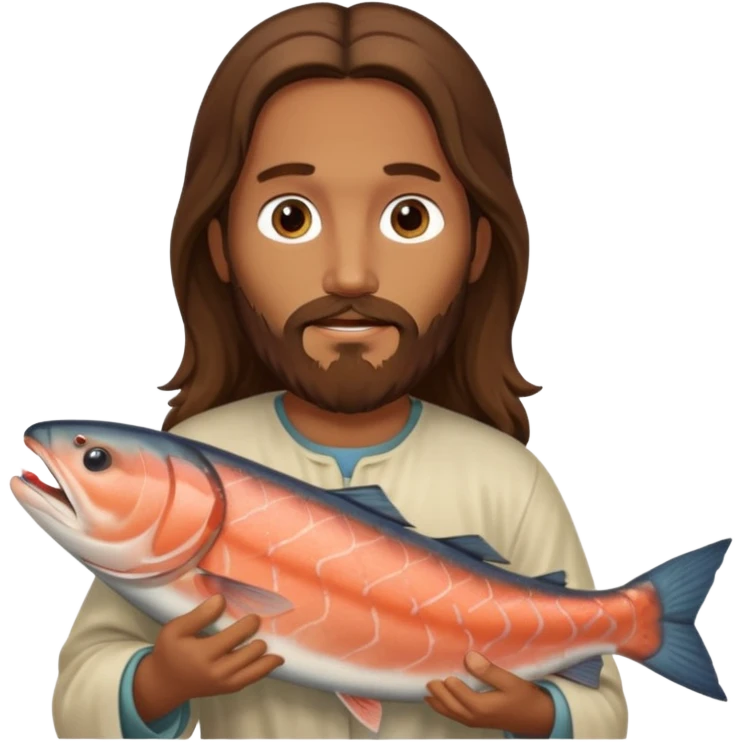 Jesus with long brown hair and a long beard holding a salmon emoji