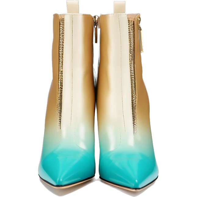 Hyper Realistic isolated front facing view of a pair of tiffany blue ,cream,and gold ombre Jimmy Choo zippered peppe toe Stiletto Heel ankle bootie boots. emoji