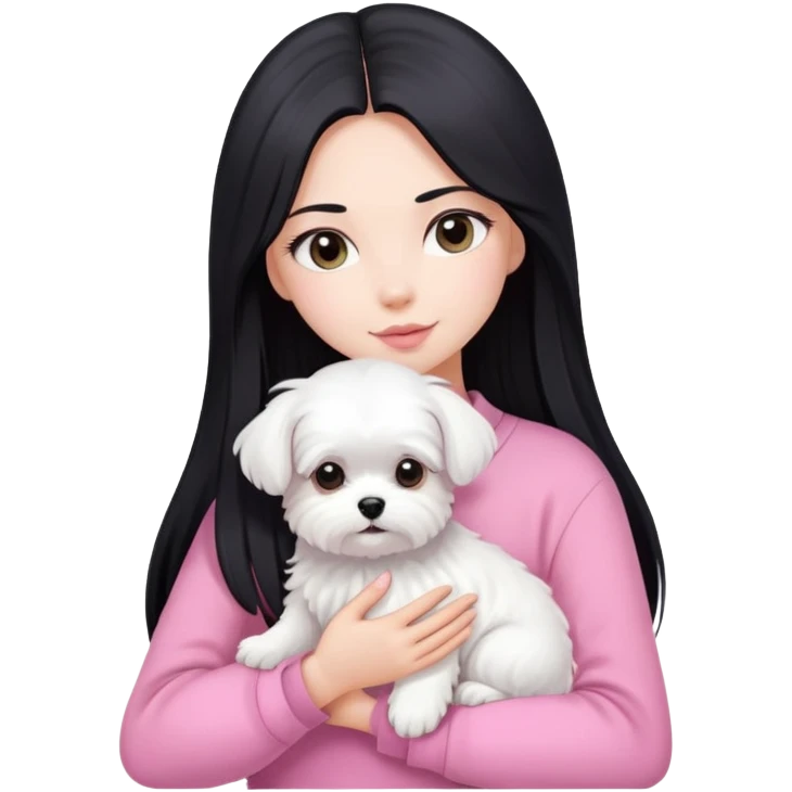Beautiful girl with long straight black hair, fair skin, wearing pink clothes, holding a pure white fluffy Maltese dog emoji
