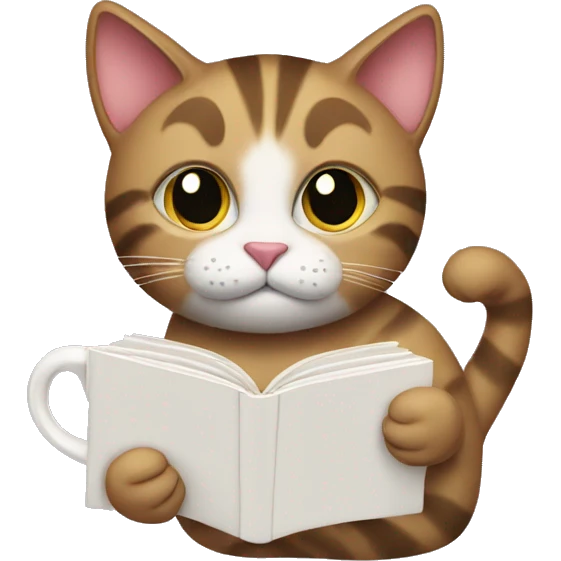 cat holding a cup of coffee and reading a book emoji