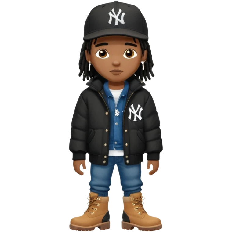 African American boy with short black dreadlocks wearing a black New York Yankees logo baseball cap wearing a black bubble winter coat wearing denim skinny jeans and timberland boots emoji