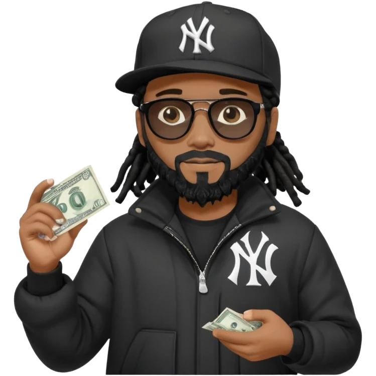 African American man with shoulder length black dreadlocks with black beard wearing black sunglasses wearing a black New York Yankees logo baseball Cap wearing a black bubble winter coat spreading money across his arm emoji