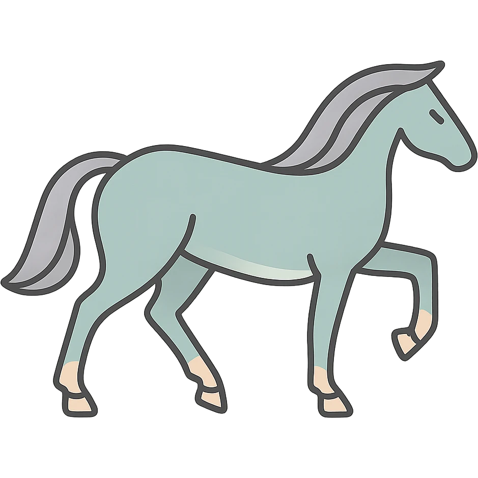 A horse in Chinese eastern style with a pose like the reference (one leg not yet touching the ground), thin clean contours, soft rounded shapes, pastel palette #98B5BC, #B5B3C1, #C9A3C9, #E4C0CA, #F7DCD1, #F7C0AA, detailed shadows and highlights, soft lighting, transparent background, less cute, no decorative elements. emoji