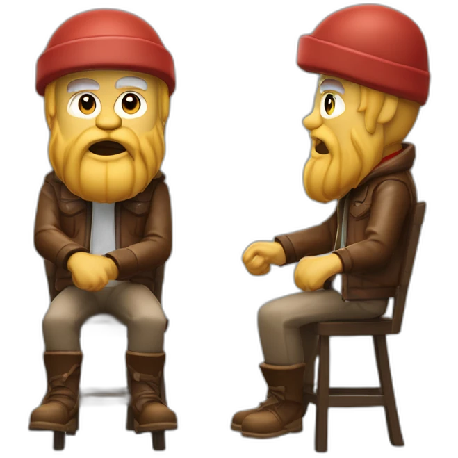 biff wiff short santa beard wearing a brown leather jacket and a paddy cap sitting in a folding directors chair looking angry(full body, ios17) emoji