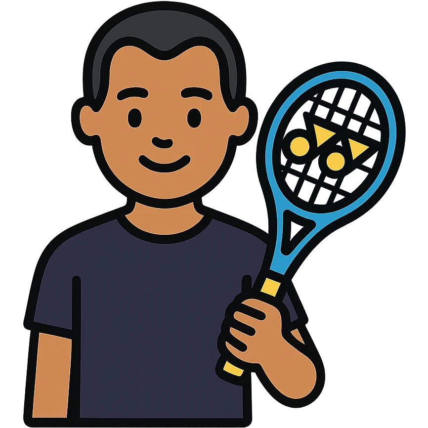 light brown skinned male tennis coach, short straight black hair with widow's peak, oval face, small eyes, smiling, holding blue Yonex tennis racket, wearing dark navy blue dry fit shirt emoji
