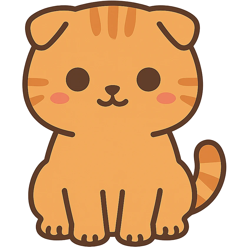 flat toon style kawaii orange scottish fold kitten sitting, dark round eyes, cute emoji