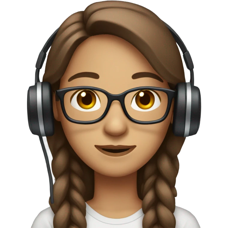 straight long brown hair, middle part, brown eyes, big glasses, and headset emoji
