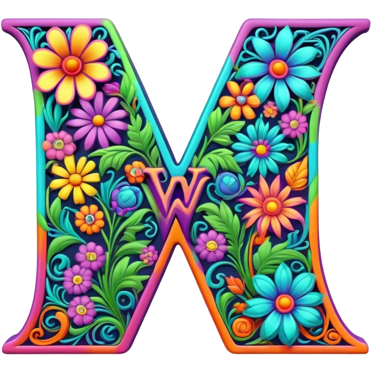 3D, gothic style psychedelic colored Letter V with hippie style flower border emoji